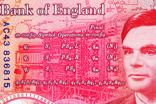 British fifty pounds polymer banknote featuring mathematician Alan Turing, computer code formulas and the Automatic Computing Engine. UK currency.