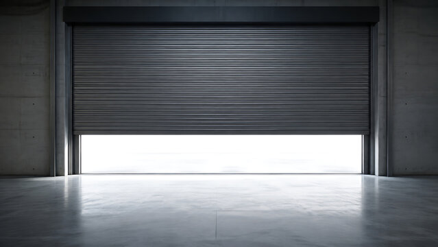 Industrial warehouse interior with a large metal roller shutter door partially open revealing bright white light against a grey concrete wall