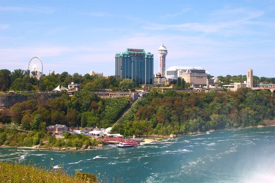 Scenic view of Canadian skyline, Skylon Tower, and Niagara River.