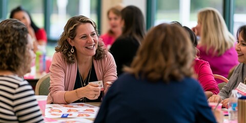 Obraz premium Middle aged women seated at tables engaged in conversation during wellness workshop, warm natural light from large windows, educational materials including anatomical diagrams visible