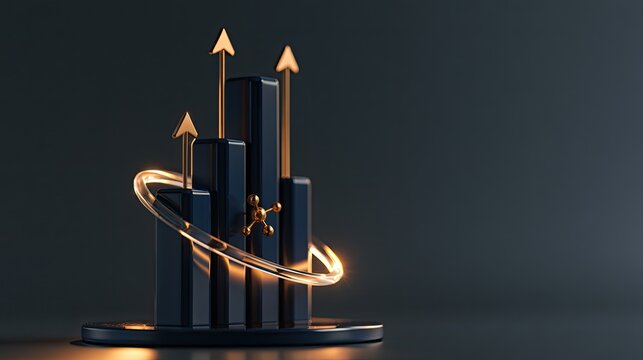 Dark blue 3D bar chart with glowing golden arrows and a luminous ring structure