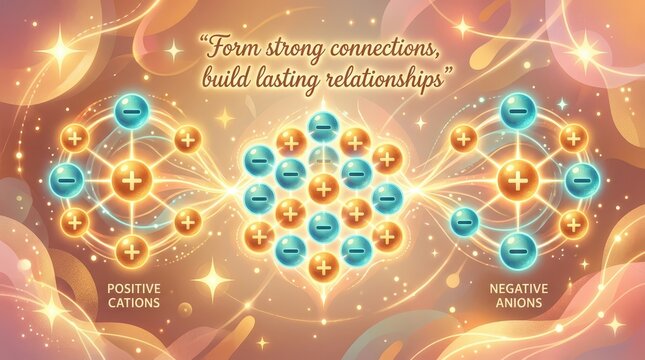 Abstract concept of positive cations and negative anions forming connections, symbolizing strong relationships and bonds with sparkling energy