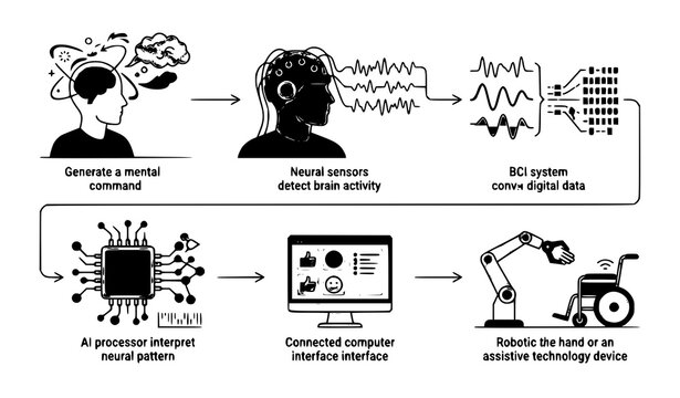 Diagram showing the brain computer interface process from mental command generation to robotic device control with computer interface activity neurotechnology processing processor robotics