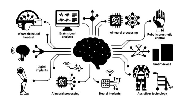 Infographic scheme illustrating brain computer interfaces and neurotechnology applications with various devices computer interface infographic neurotechnology application prosthetic robotics