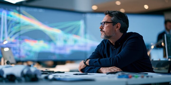 Focused male structural engineer in dark shirt and glasses seated at sleek desk reviewing vibrant digital 3D bridge model with glowing heatmap load distribution on large curved screen surrounded by