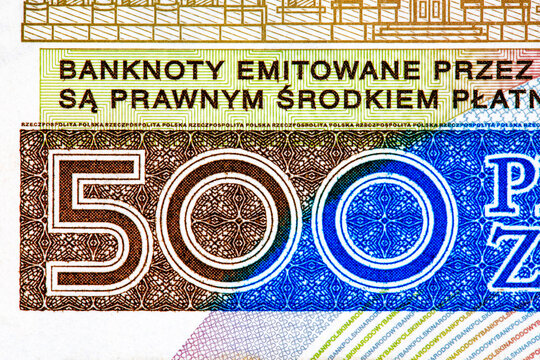 Polish 500 zloty banknote displaying 500 nominal value and coat of arms, Concept of Poland national currency PLN. European financial market.