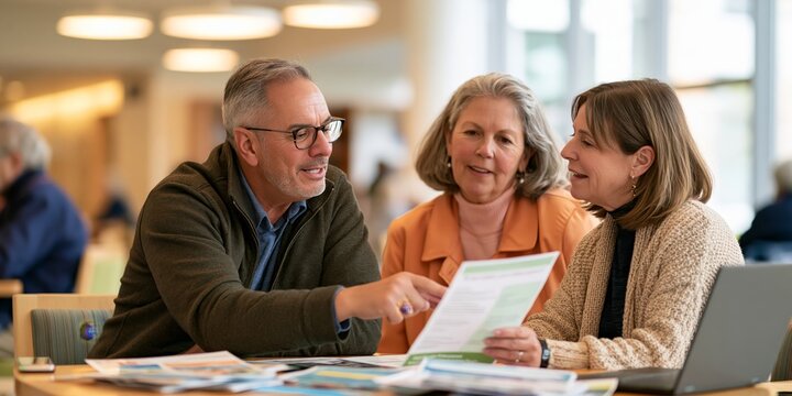 A male health insurance advisor pointing at a coverage flyer while seated beside an elderly couple during an informative discussion at a community center table surrounded by pamphlets and a laptop