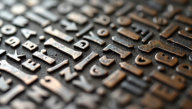 Close-up of vintage metal letterpress printing blocks arranged randomly.