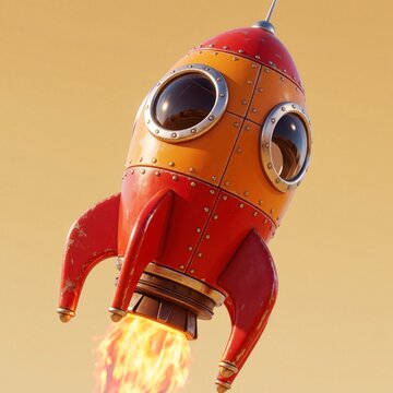 Retro rocket blasts off with fiery exhaust from engine. Orange and red spaceship with round windows soars upward against plain background. Vintage vehicle fuels space exploration dreams and adventure.