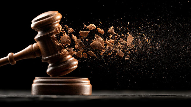 Gavel justice law legal hammer shatter dust break impact judgment Dynamic gavel impact with shattered wood fragments dark studio symbolizing justice decision law power tension and legal
