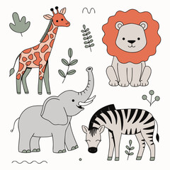 Naklejka premium Cute Baby Animals Clipart Set Featuring Giraffe Lion Elephant and Zebra