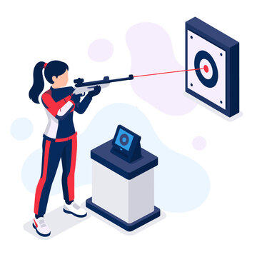 Hybrid Olympic Training Woman Shooting Laser at Target for Precision Practice.