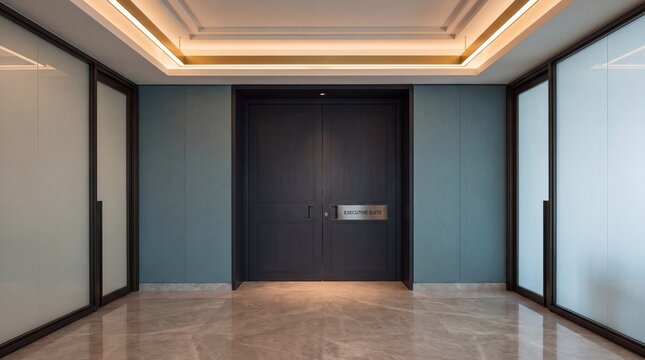 Modern luxury corporate executive suite double door entrance with symmetrical teal wall panels warm coffered ceiling cove lighting frosted glass partition walls and marble tile floor