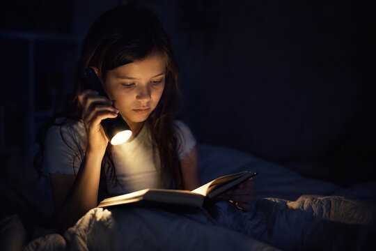 Girl reading a book with a flashlight during a power outage at home, concept of power cuts, domestic emergency, electrical crisis and family resilience with space for text