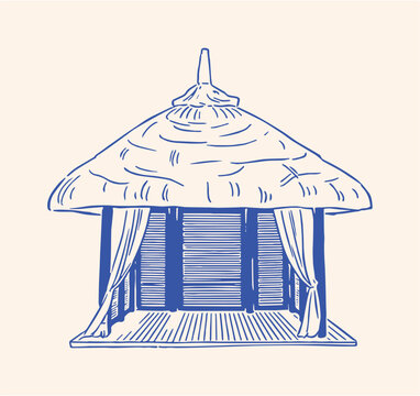 Hand drawn line art vector illustration featuring a tropical beach cabana with a thatched roof, wooden blinds, and drapes, ideal for vacation designs.