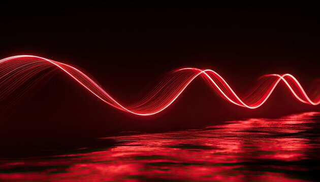 A vibrant red light trail creates wavy patterns above a dark, reflective surface