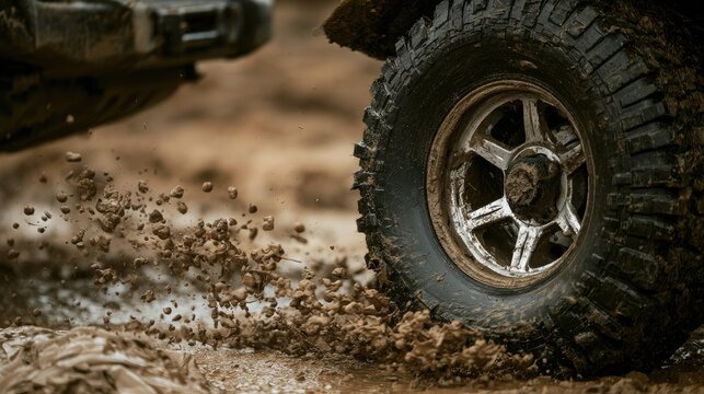Rugged tire churning through thick, brown mud during off-road adventure