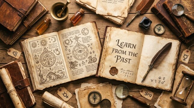 Ancient grimoire with arcane symbols and alchemy illustrations, inspiring curiosity about history, mystery, and forgotten knowledge.