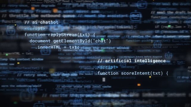 Dark blue code background with artificial intelligence comments, chatbot robot icons, and blurred script, for machine learning and automation themes