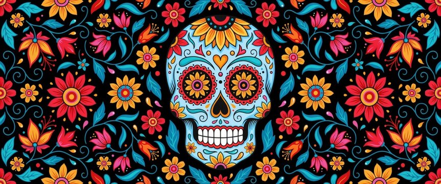 Sugar skull with vibrant floral patterns on black background