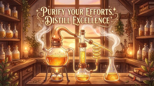 Alchemical distillation setup in a vintage laboratory, with steam rising from glass alembics and flasks, evoking a sense of ancient wisdom and scienti