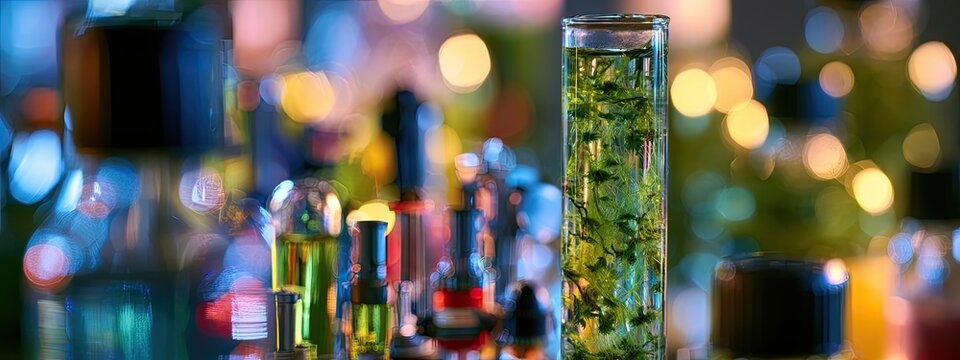 Lab equipment with colorful liquids and green particulate matter