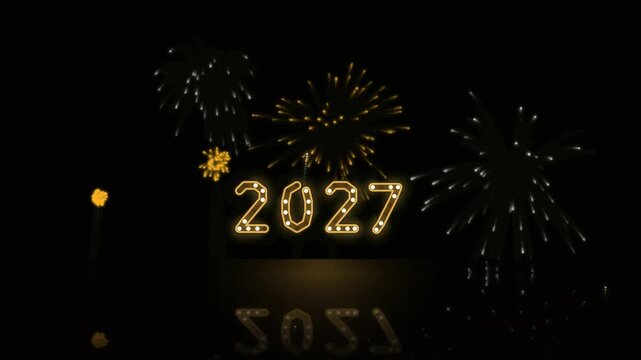Glowing 2027 Text Design with Warm Golden Light Bulbs on a Dark Reflective Surface for Celebration