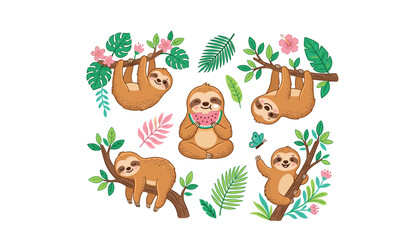 Naklejka premium Cute cartoon sloth vector character collection hanging on tropical branches eating watermelon with jungle leaves and flowers