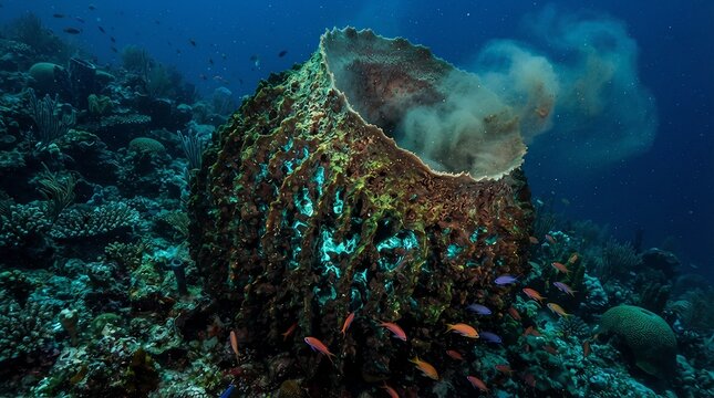 Giant barrel sponge expels cloud of sediment underwater with small colorful fish swimming nearby.