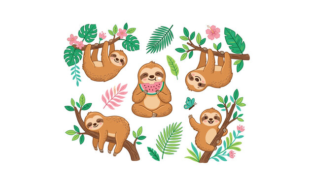 Cute cartoon sloth vector character collection hanging on tropical branches eating watermelon with jungle leaves and flowers