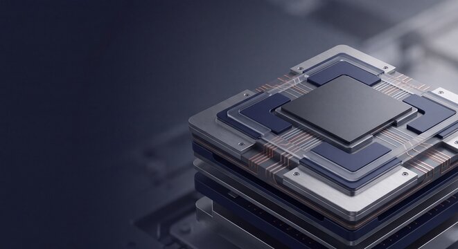 Close-up of a computer processor chip on a dark motherboard representing advanced technology, computing power, and circuitry