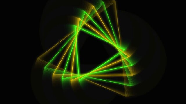 Glowing neon green and orange geometric triangle tunnel loop on black background motion graphic