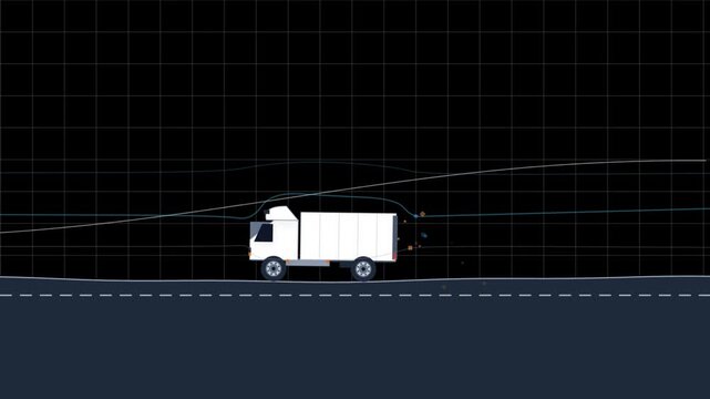 Minimalist white delivery truck moving on a dark digital grid with abstract wind flow line physics
