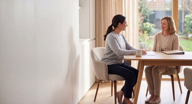 Two women having a conversation at a wooden table in a bright modern living room, professional counseling or business meeting concept.