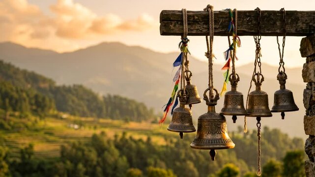 traditional nepal bells close up at golden light static composition video