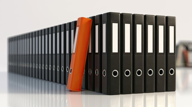 A row of black binders stands neatly, one orange binder leans