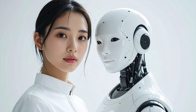 Close up on young Asian woman wearing all white, stands next to a futuristic robot, white background 