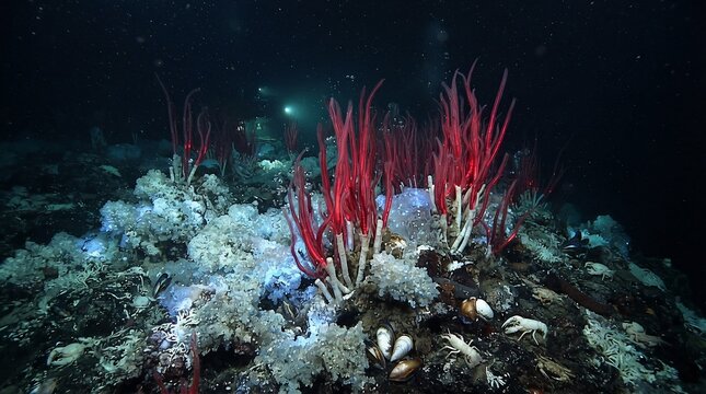 Deep sea exploration reveals red sea whip corals and various marine life on dark ocean floor.