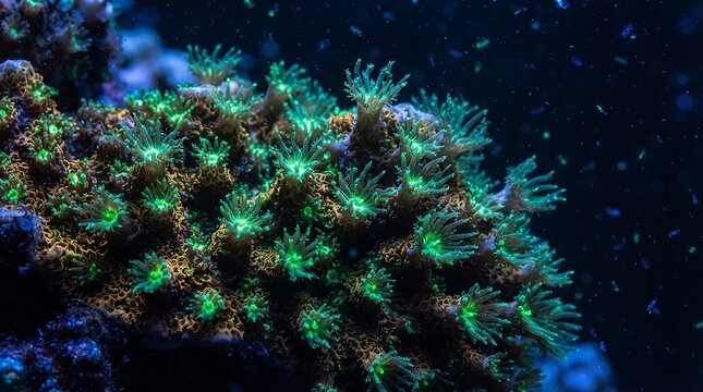 Luminous coral polyps with vibrant green tentacles glow in deep blue ocean water at night.