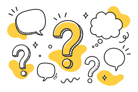 Question mark speech bubble and thought cloud communication set doodle illustration