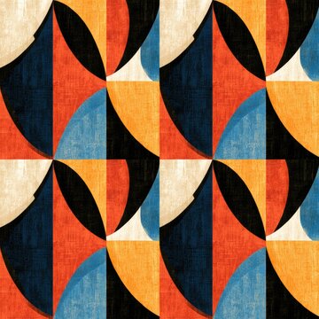 Geometric mosaic of quarter circles and squares in bold, textured colors