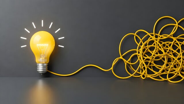 Glowing yellow lightbulb with light rays unraveling from tangled wire representing brilliant business idea and problem resolution