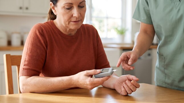 A nurse or caregiver is assisting an older woman with checking her blood glucose levels at home.