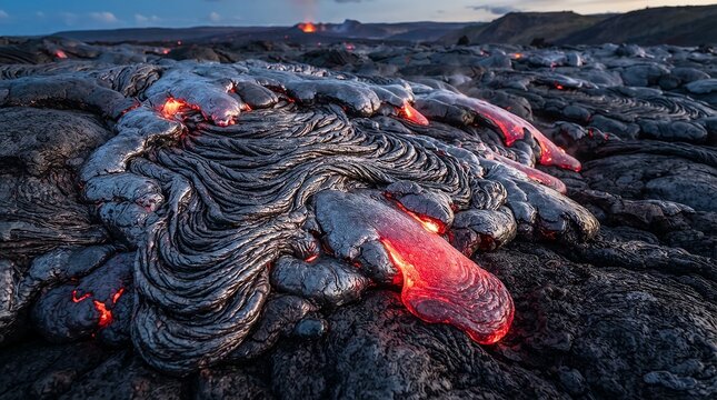 Molten lava flow glowing red hot and cooling on dark volcanic rock surface at night with distant volcano.