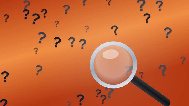 Multiple question marks scattered on light orange background with soft shadows and magnifier