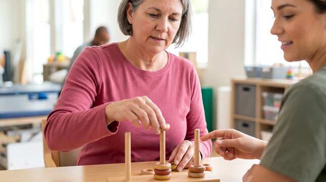 A physical therapist guides an elderly woman through a cognitive exercise with wooden pegs and discs to improve her fine motor skills and memory.