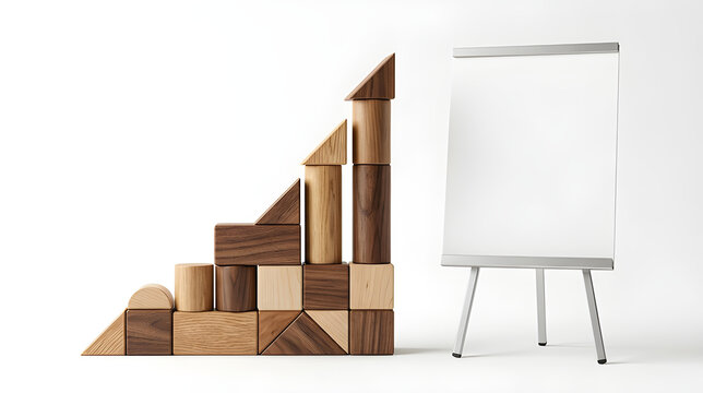 Wooden block growth chart and blank whiteboard for business strategy and data presentation.