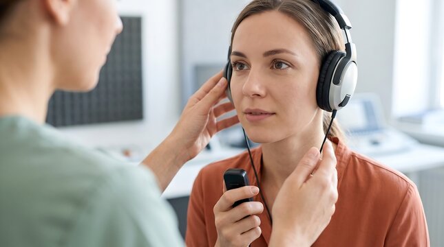 Audiologist performing a hearing test on a woman wearing headphones in a clinical setting.
