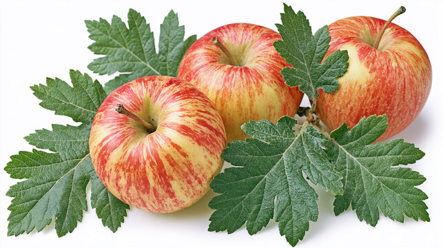 Fresh ripe red striped apples with green leaves red sweet