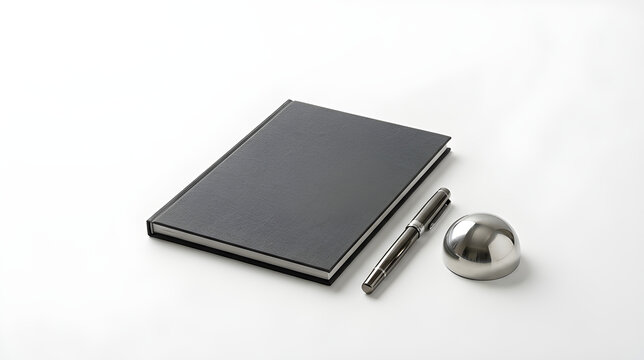 Black notebook with metal pen and paperweight on white background